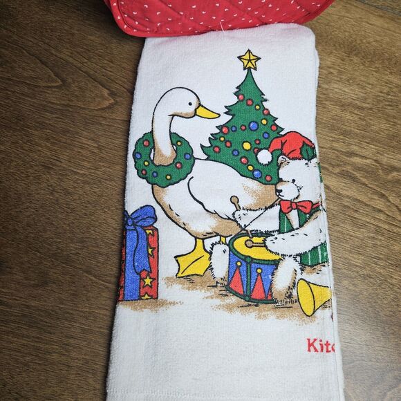 Vtg Christmas 1 Kitchen Towel 2 Pot holders Goose Teddy Bear Tree Grandma Core - Picture 4 of 5